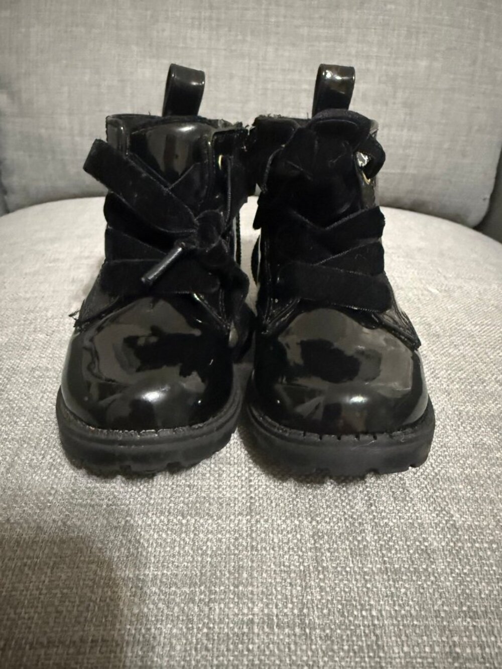H&M Black Patent Leather Combat Boots Velvet Laces